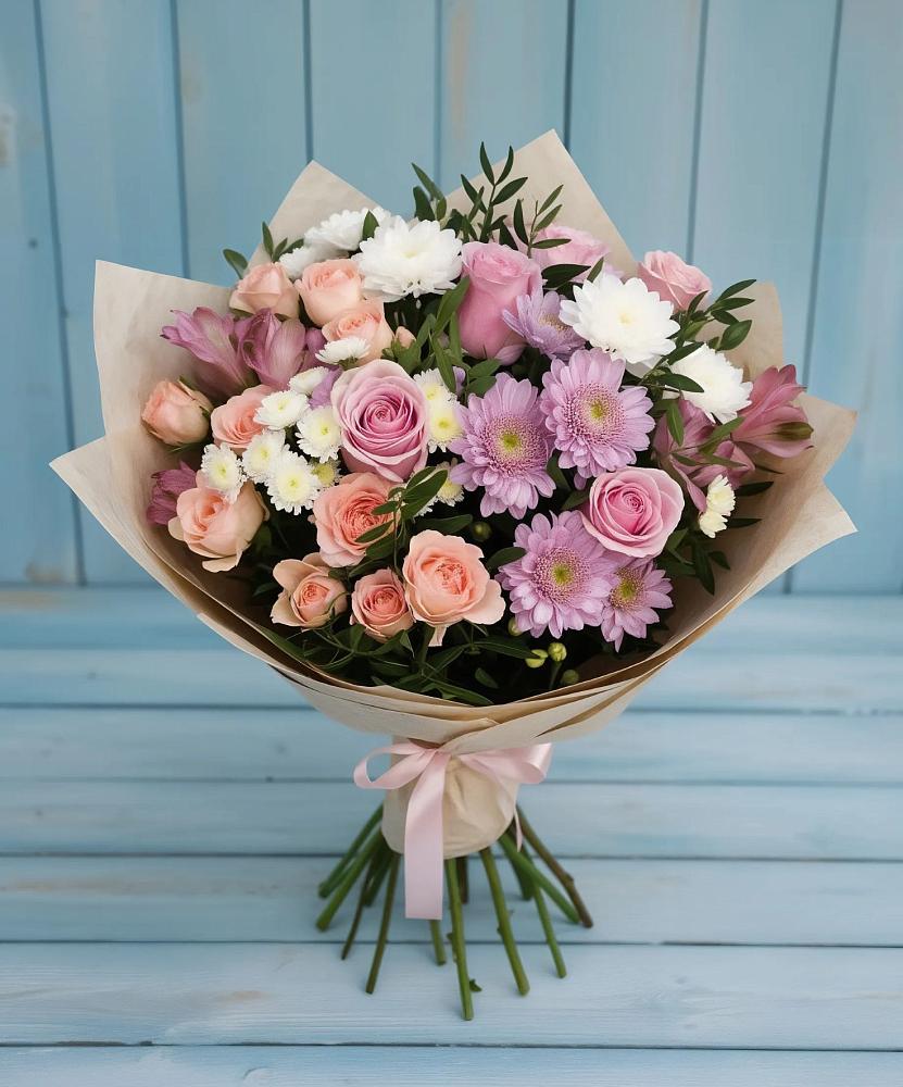 Букет цветов из: Хризантемы, Розы и Альстромерии в Макеево