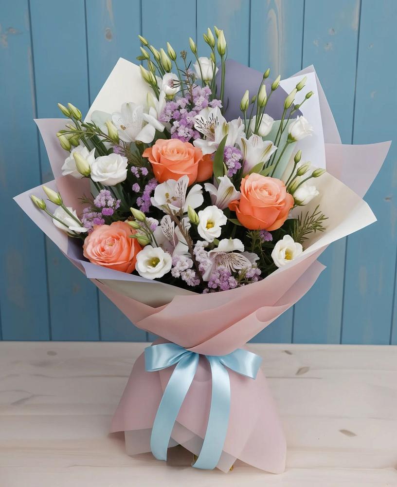 Букет цветов из: Лизиантусы, Розы, Альстромерии и Гипсофила в Макеево