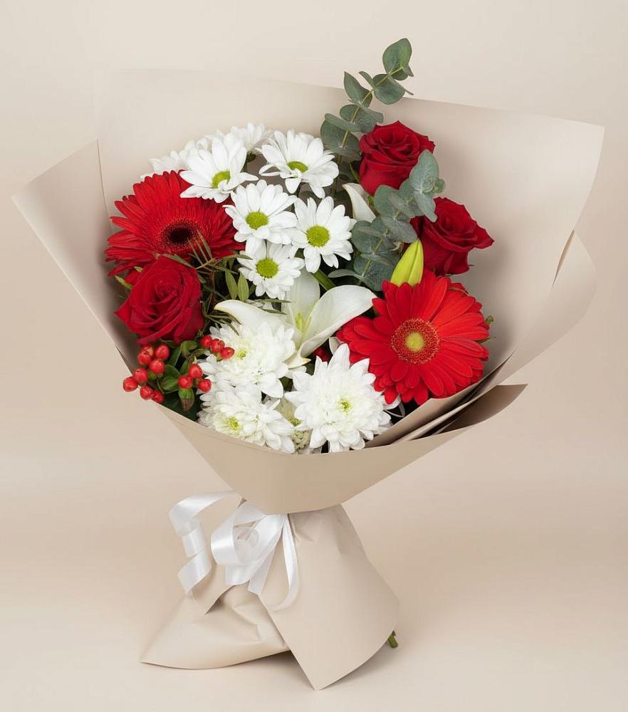 Букет цветов из: Розы, Хризантемы, Герберы и Лилии в Макеево