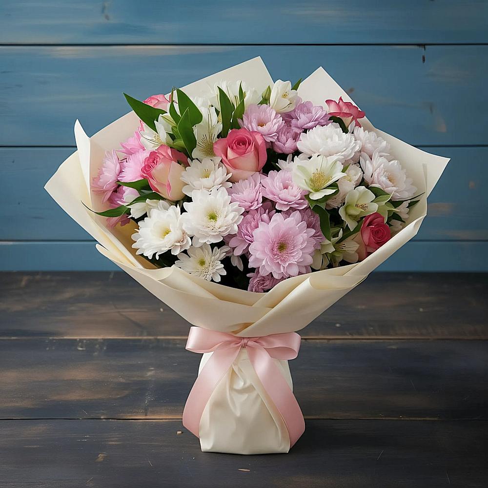 Букет цветов из: Хризантемы, Альстромерии и Розы в Макеево